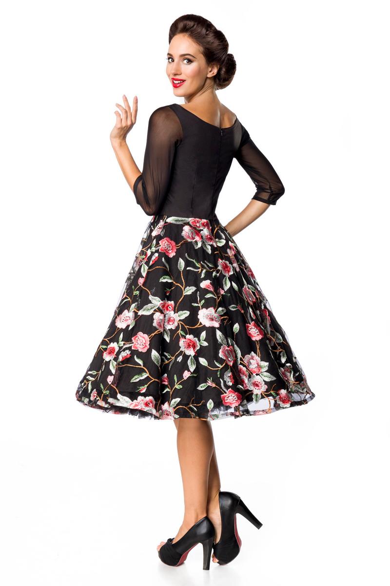 Premium besticktes Vintage-Swingkleid schwarz/rosa