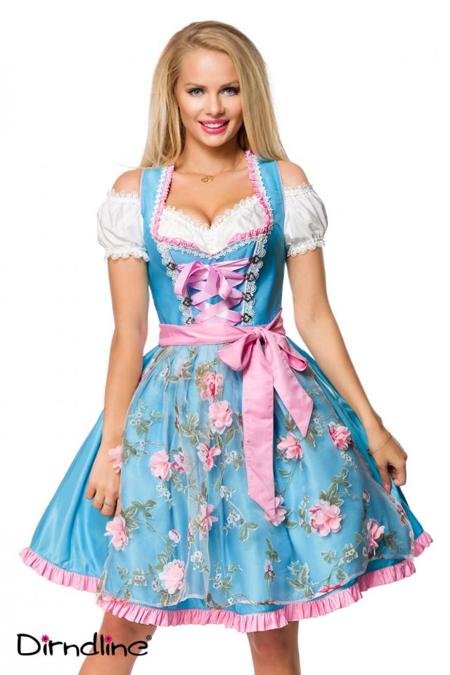 Dirndl mit Blumenschürze blau/pink