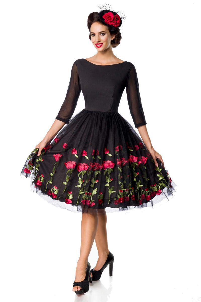 besticktes Premium Vintage Swingkleid schwarz