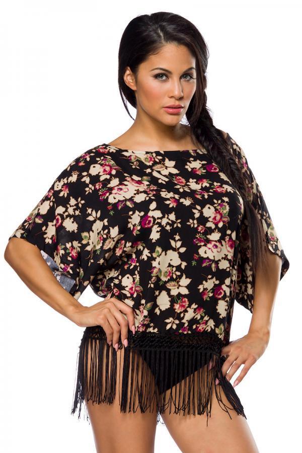 Oberteil mit Fransen M/L schwarz/gemustert