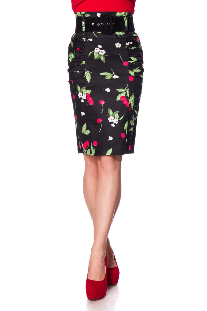 Vintage Bleistiftrock mit Gürtel schwarz/pink/grün