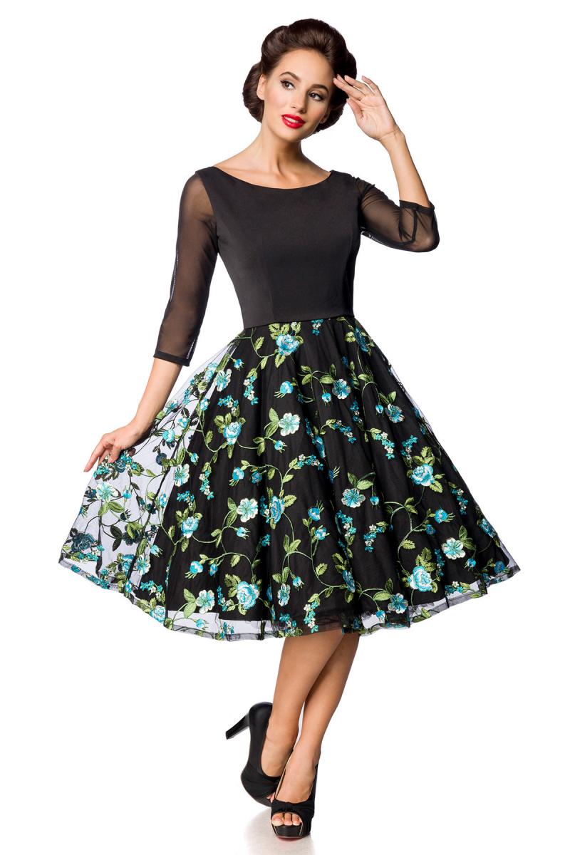 Premium besticktes Vintage-Swingkleid schwarz/blau