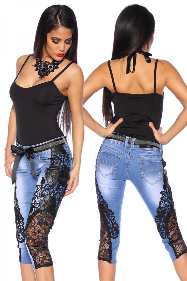 Capri-Jeans mit Spitze blau/schwarz