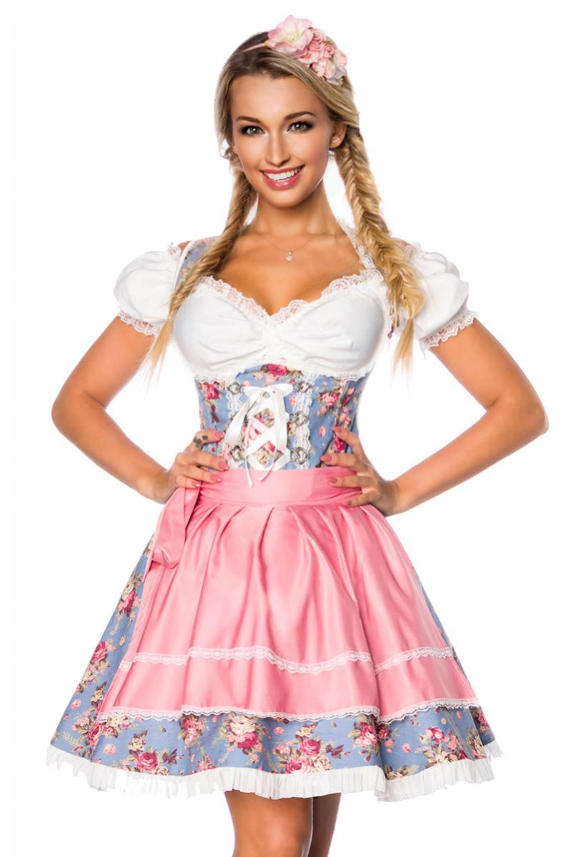 Premium Dirndl mit Bluse blau/rosa/weiß