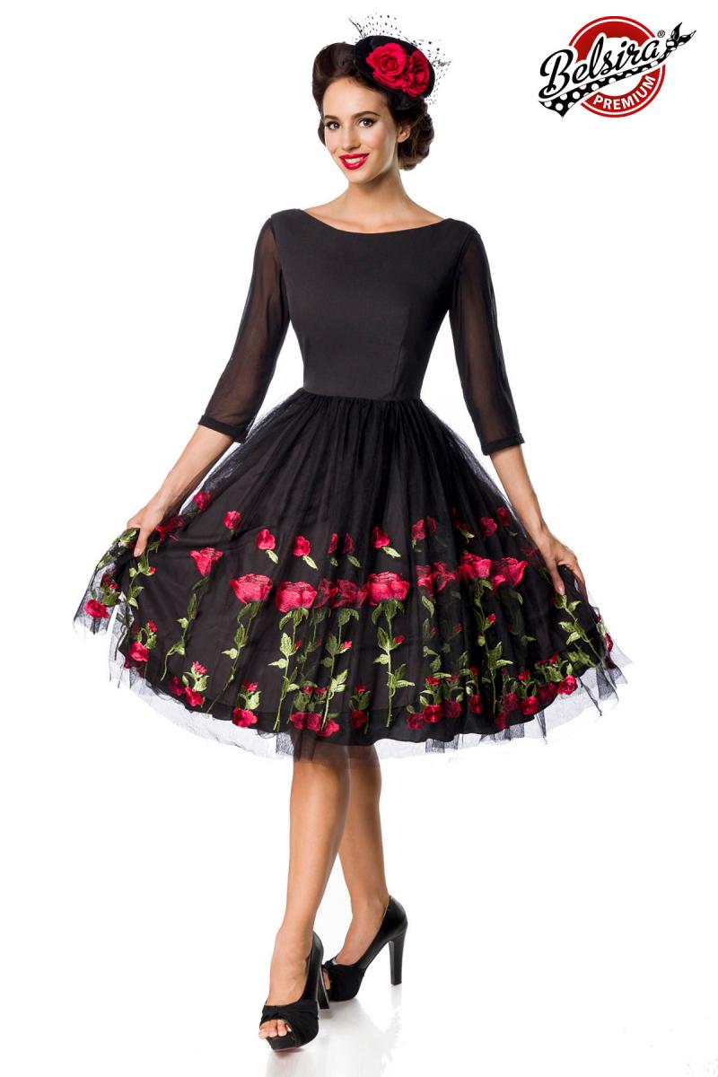 besticktes Premium Vintage Swingkleid schwarz