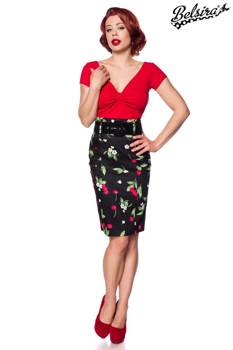 Vintage Bleistiftrock mit Gürtel schwarz/pink/grün