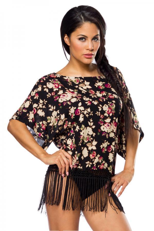 Oberteil mit Fransen M/L schwarz/gemustert