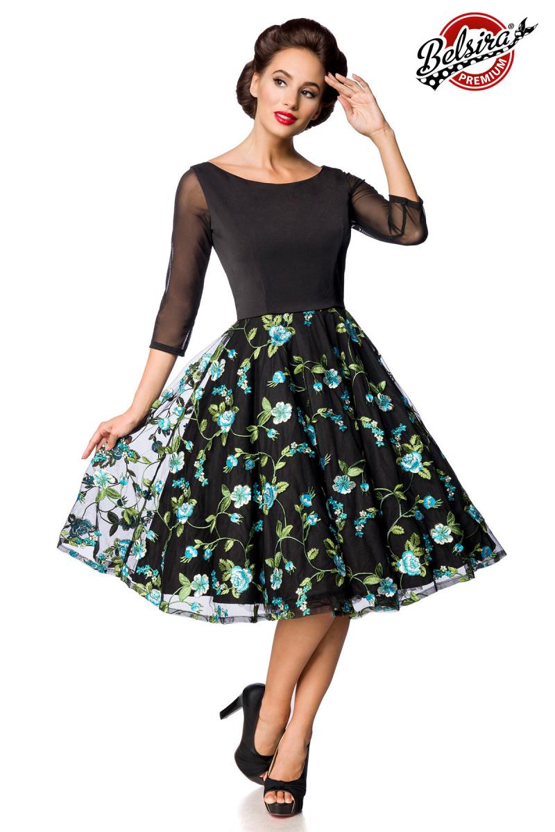 Premium besticktes Vintage-Swingkleid schwarz/blau