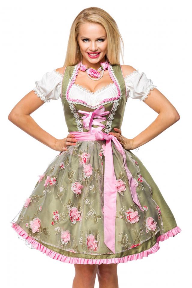Dirndl mit Blumenschürze grün/pink
