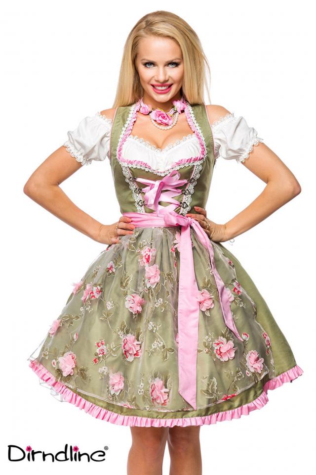Dirndl mit Blumenschürze grün/pink
