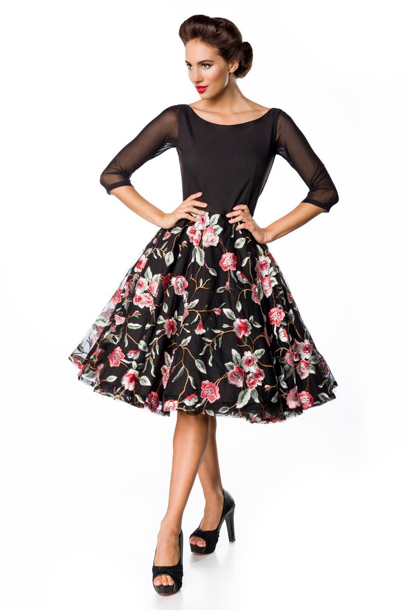 Premium besticktes Vintage-Swingkleid schwarz/rosa