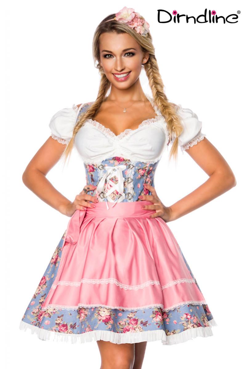 Premium Dirndl mit Bluse blau/rosa/weiß