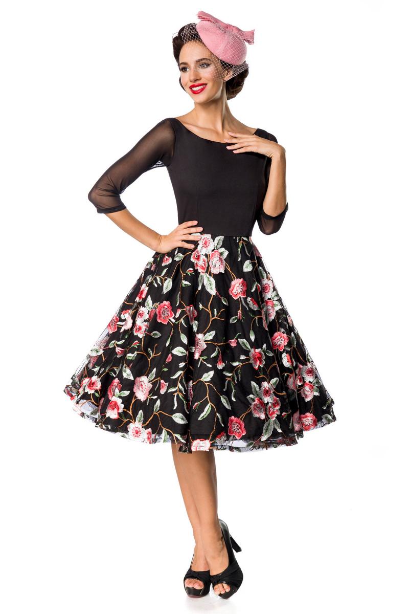 Premium besticktes Vintage-Swingkleid schwarz/rosa