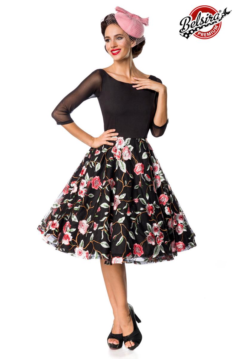 Premium besticktes Vintage-Swingkleid schwarz/rosa