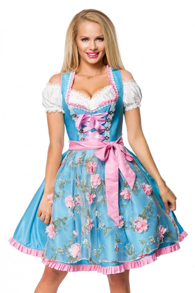 Dirndl mit Blumenschürze blau/pink