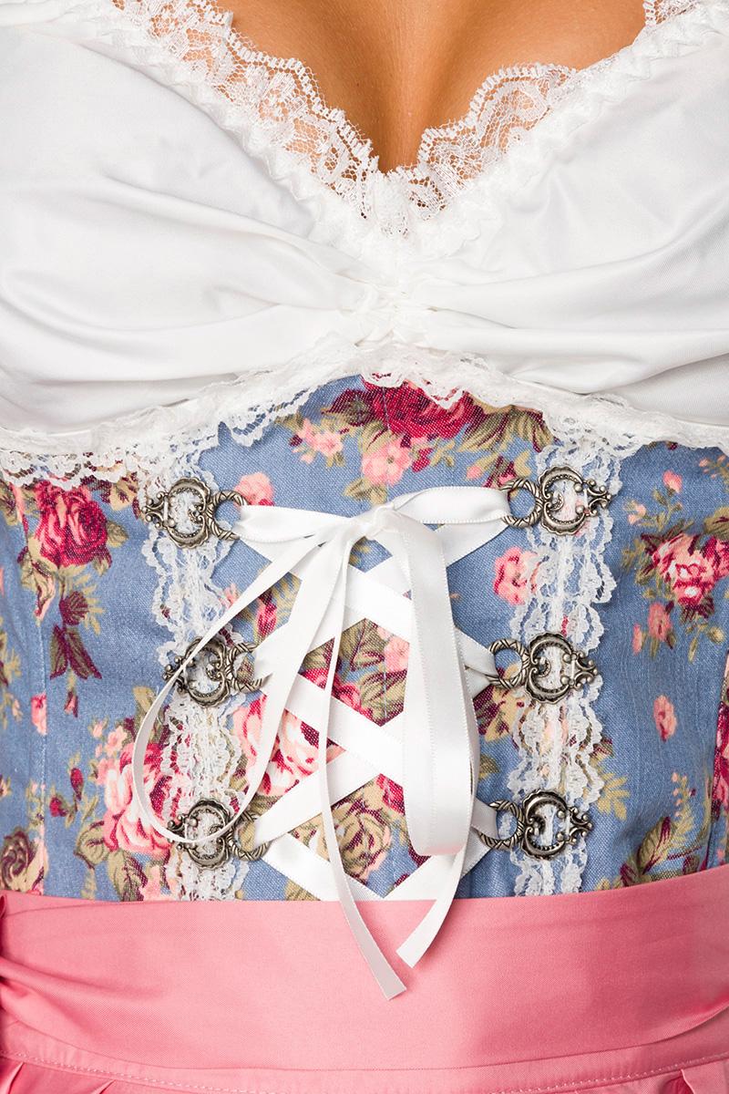 Premium Dirndl mit Bluse blau/rosa/weiß